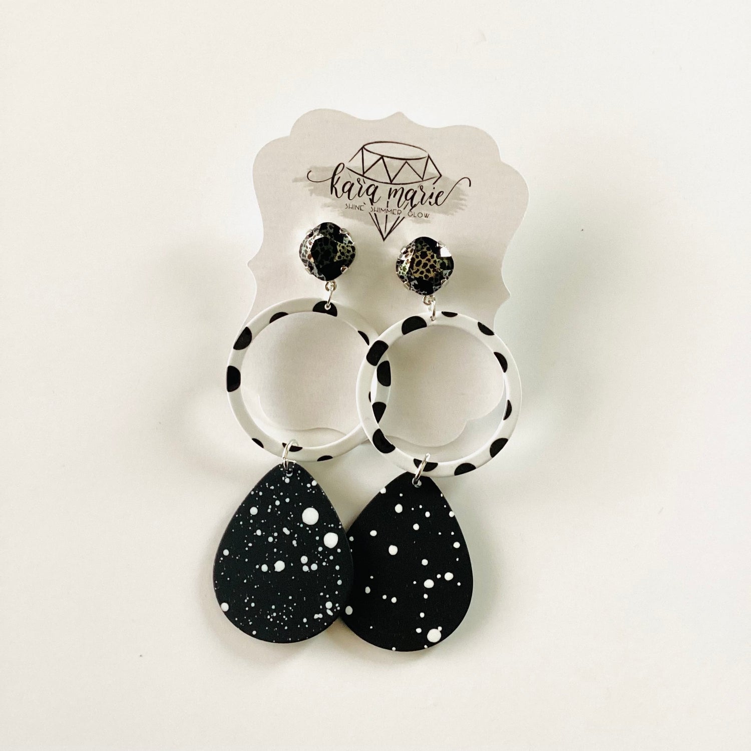 Black + White Polka Dot Paint Splatter Long Earrings