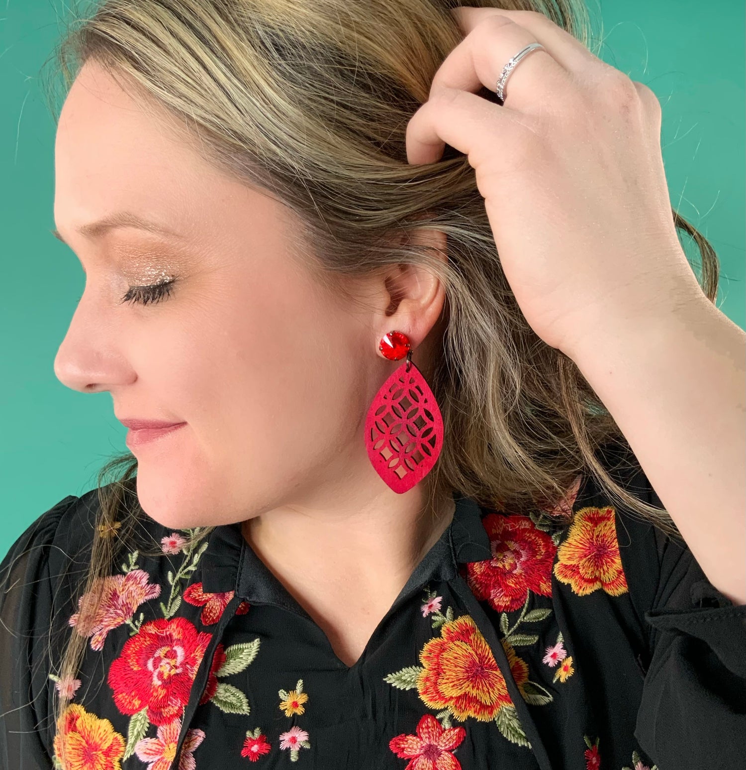 Red Ornate Wood Earring