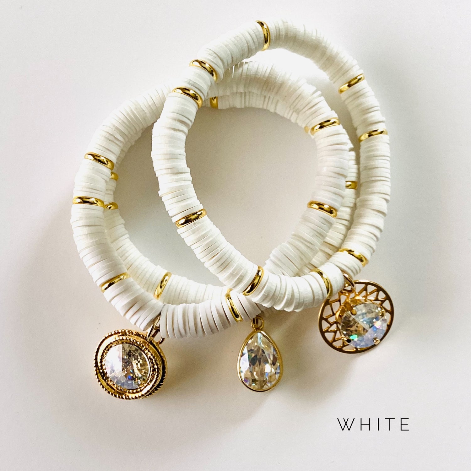 White Moonlight Triple Heishi Stretch Bracelet with Charms