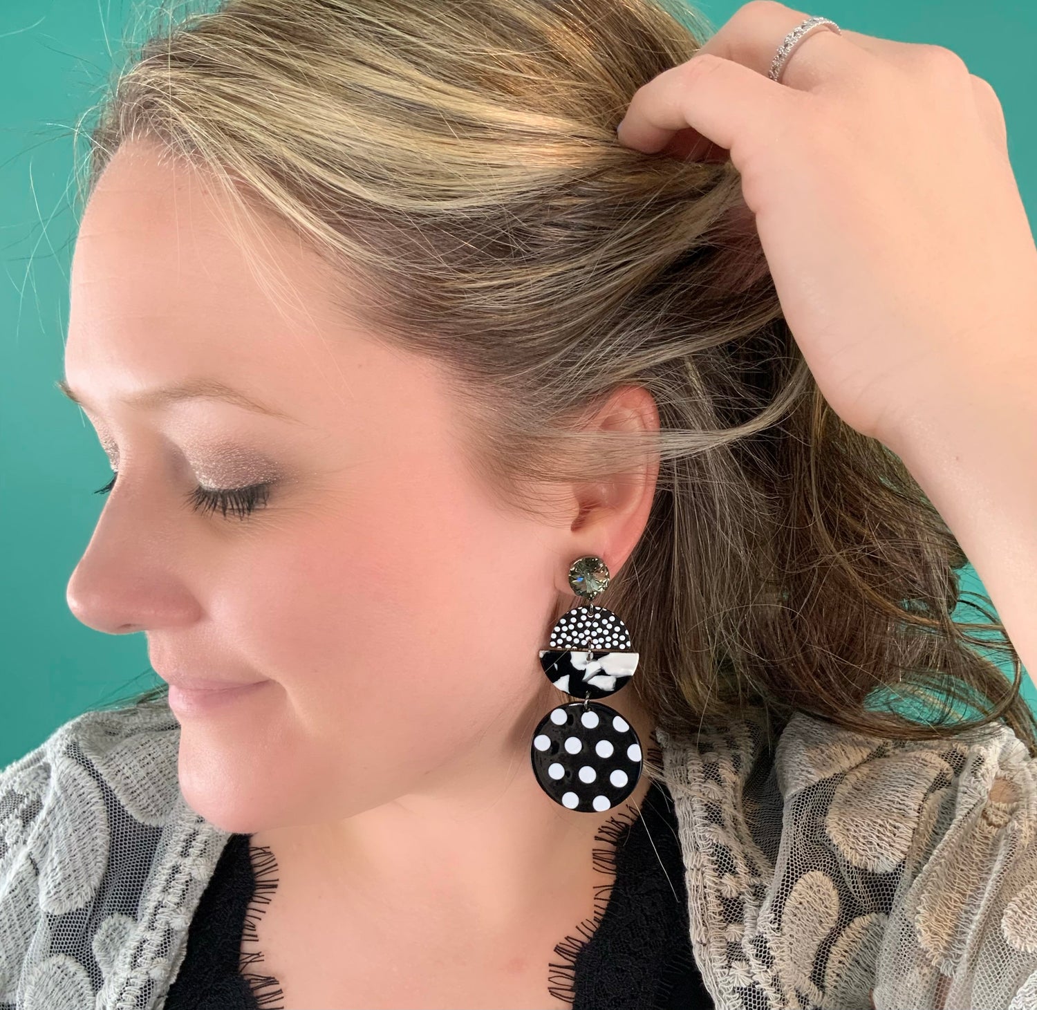 Black + White Marble + Polka Dot Earring