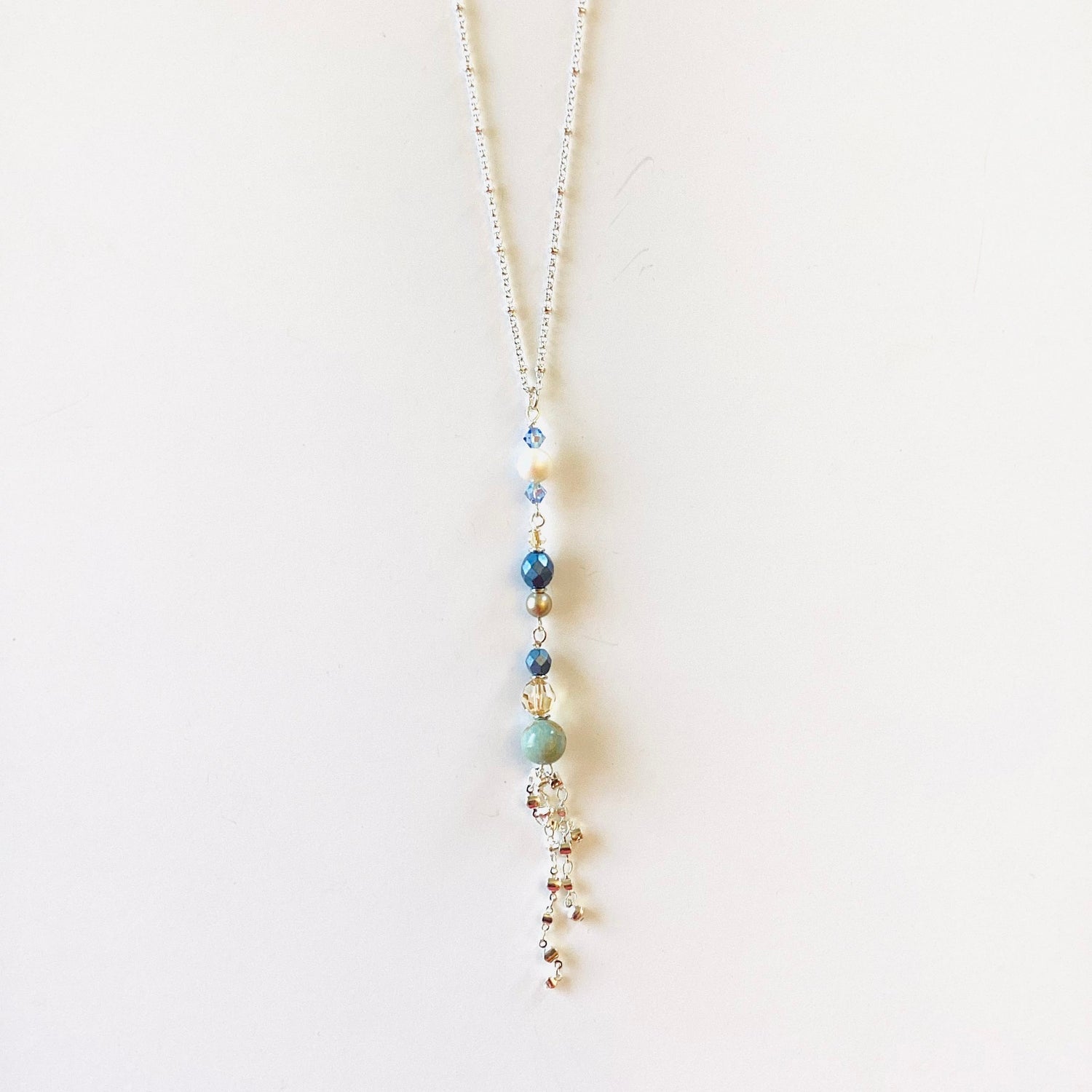 Fringe Charm Long Necklace in Silk/Light Blue Shades