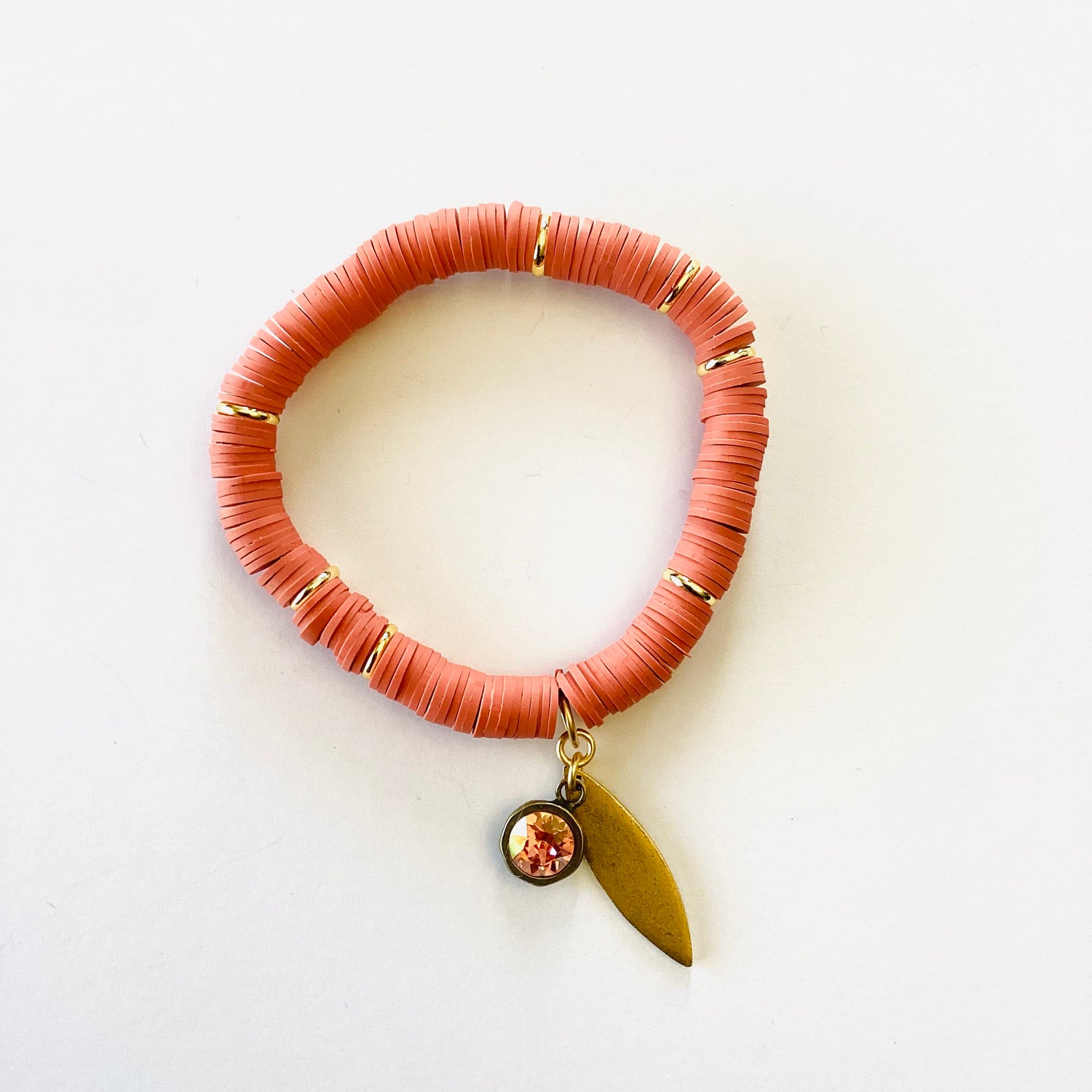 Burnt Orange Heishi Stretch Bracelet with Charms