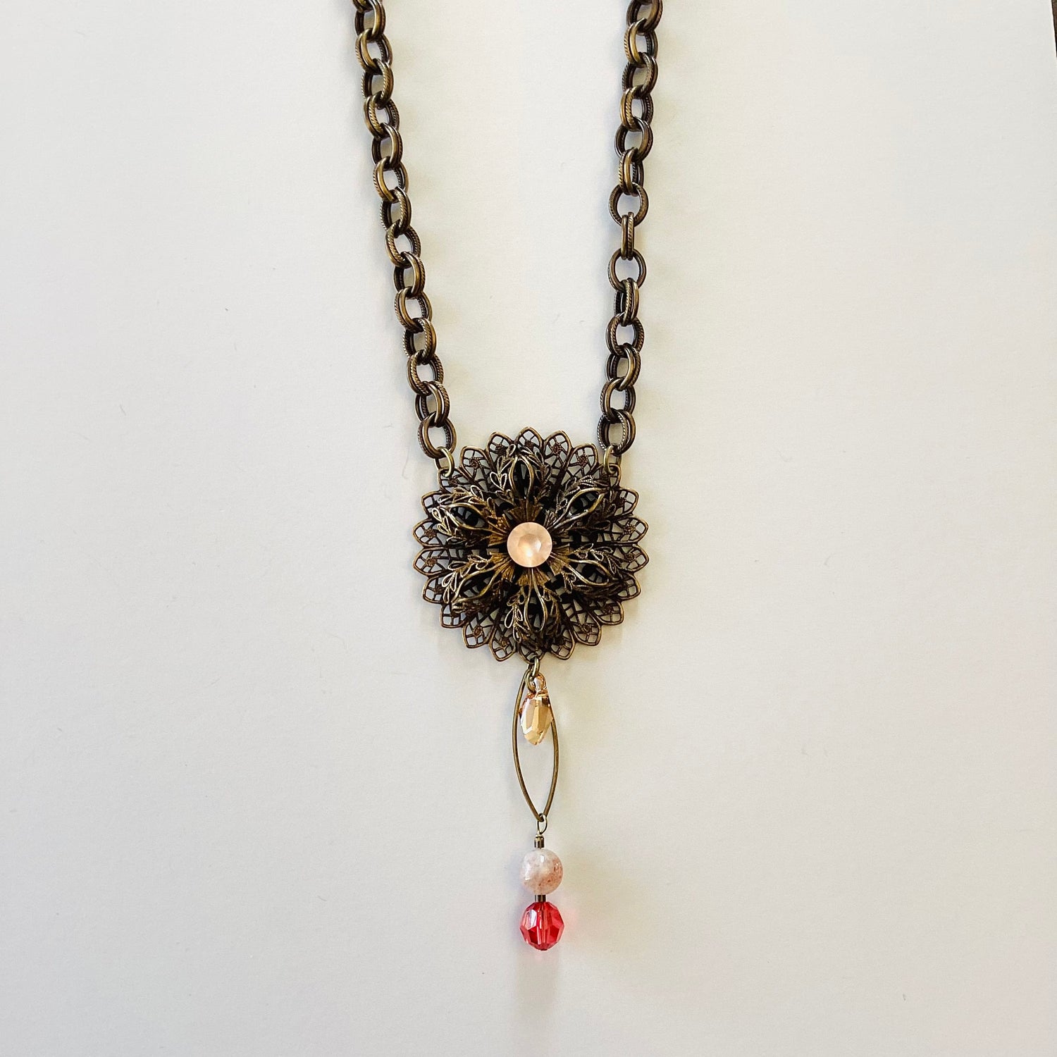 OOAK Filigree Vintage Brass Flower Statement Necklace in Light Peach Matte