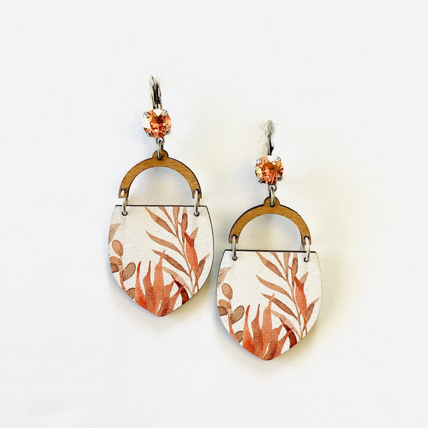 Peachy Fall Wood Pendant Earrings in Rose Peach Champagne