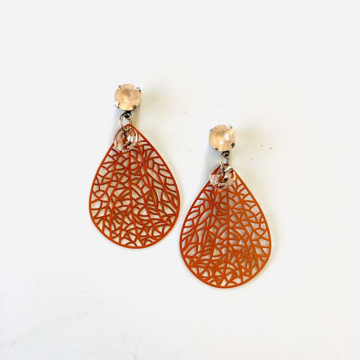 Orange Filigree Pendant Earrings in Light Peach Matte - KaraMarie