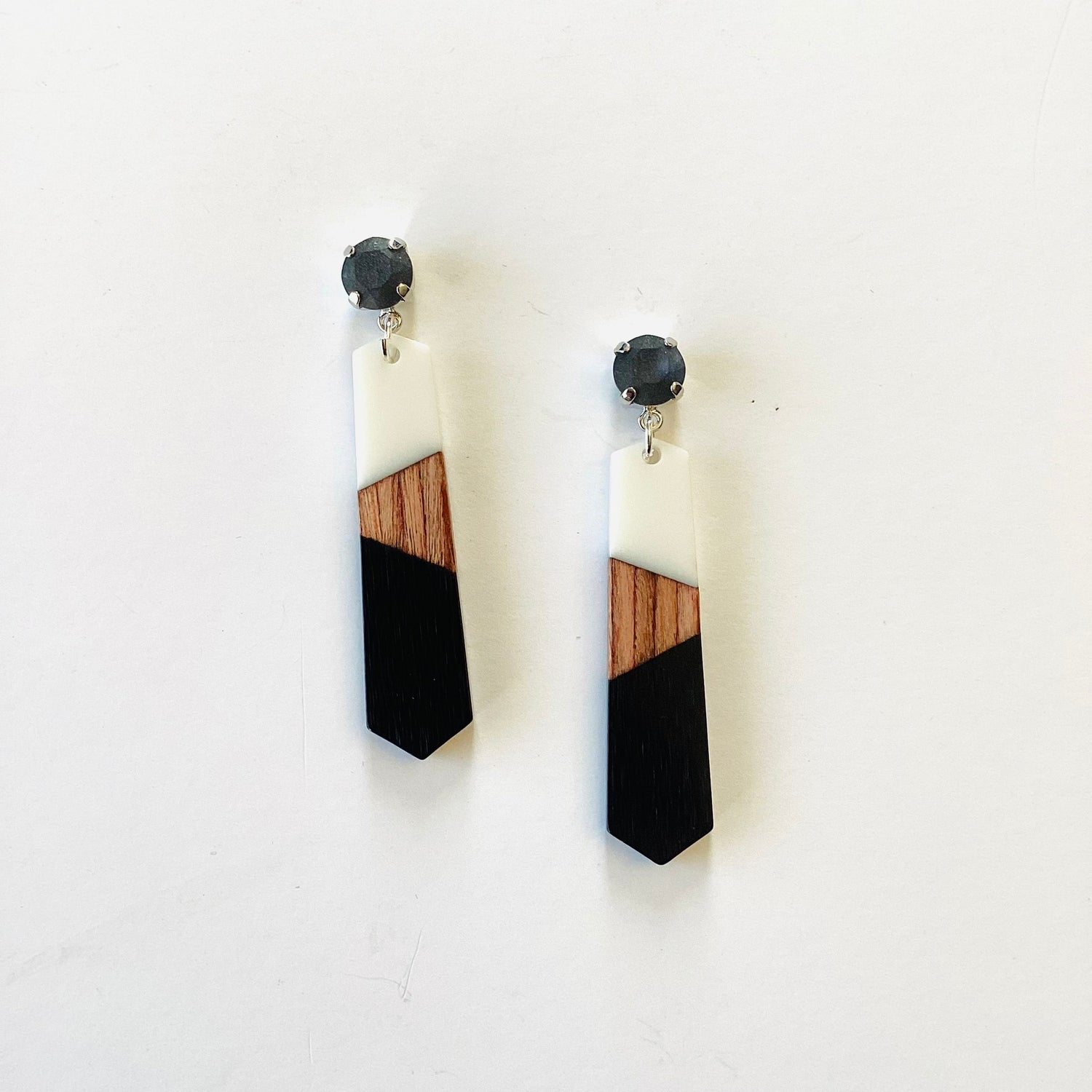 Black + White Spike Wood Earrings in Graphite Matte