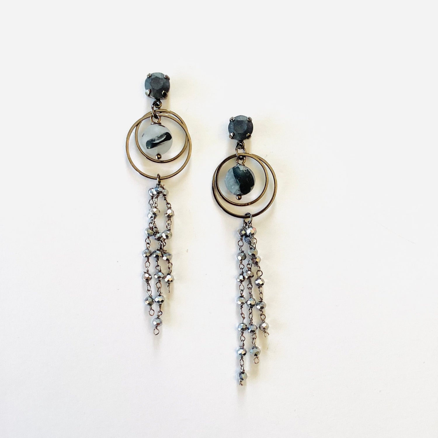 Black Marble Floating Fringe Earrings in Graphite Matte