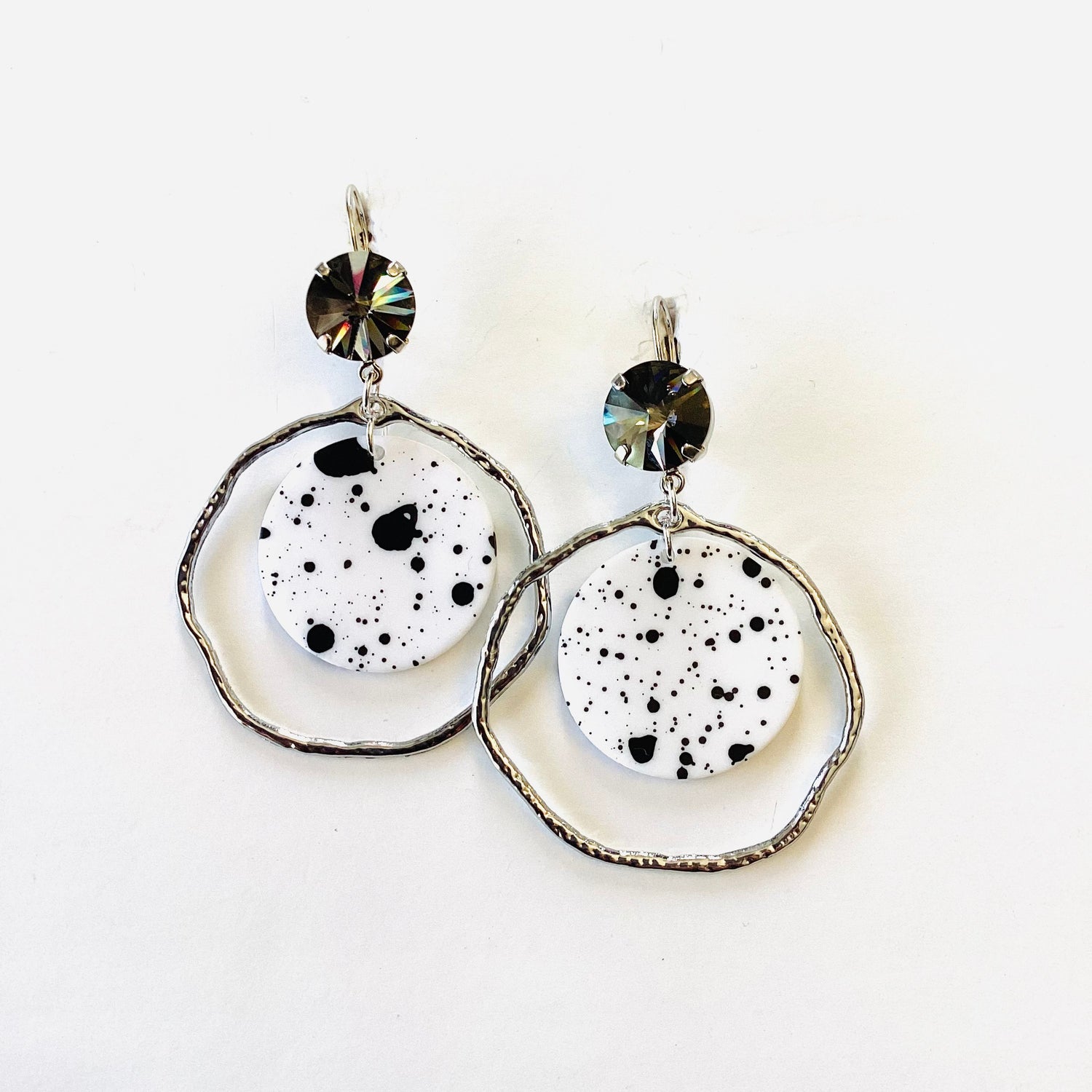 Black + White Paint Splatter Floating Earrings in Desire