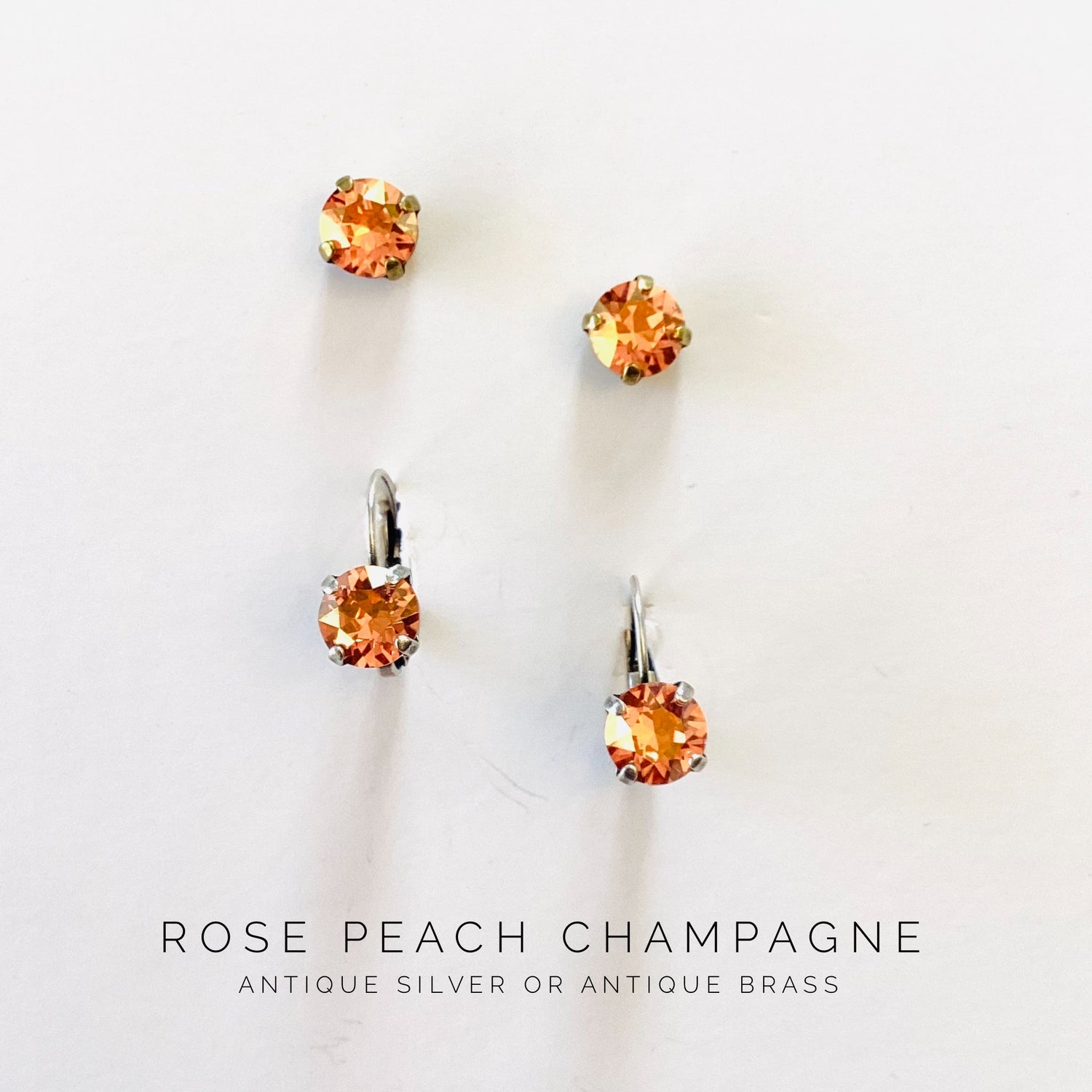 8mm Drop OR Post in Rose Peach Champagne {Antique Silver or Antique Brass Metal}