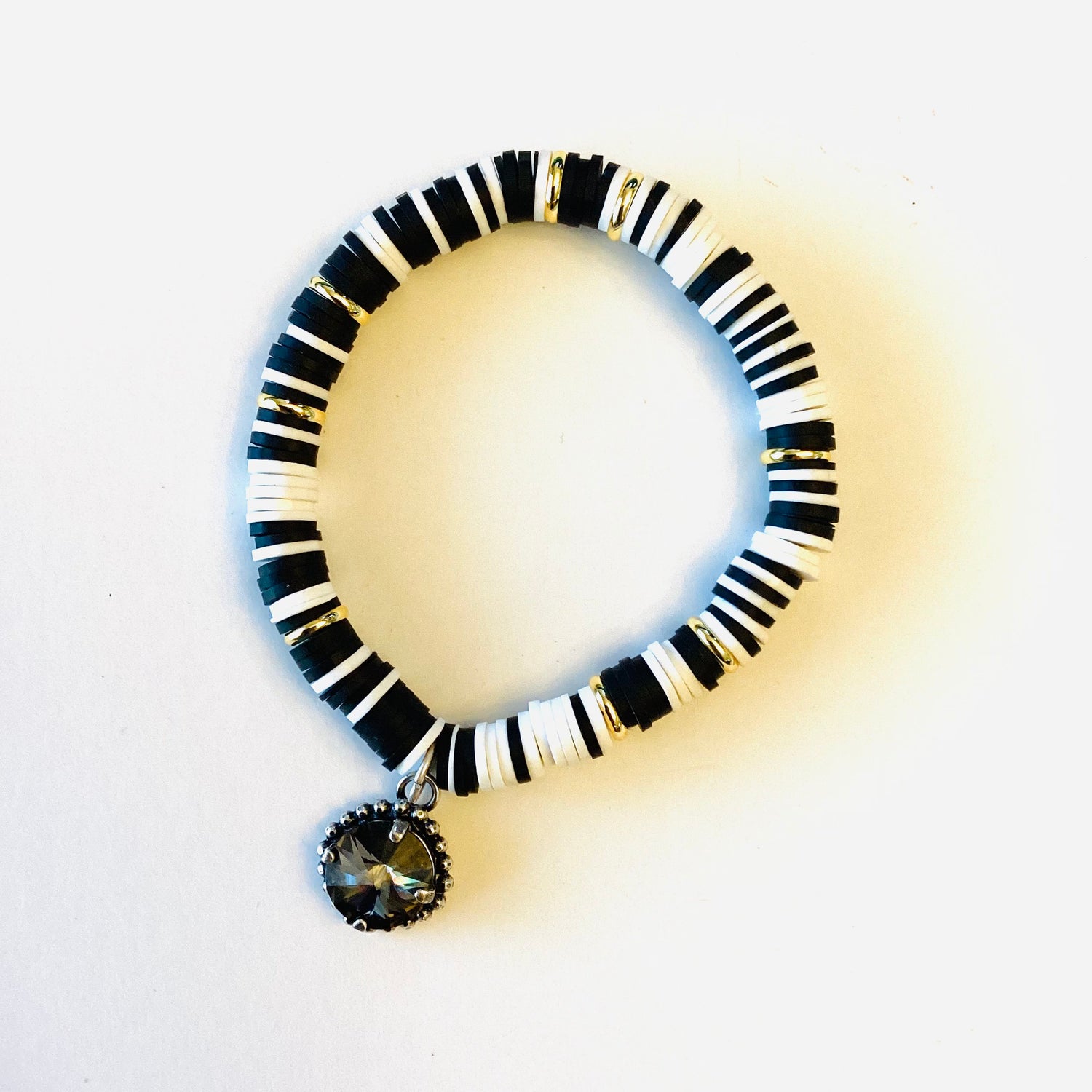 Black + White Heishi Stretch Bracelet with Charm