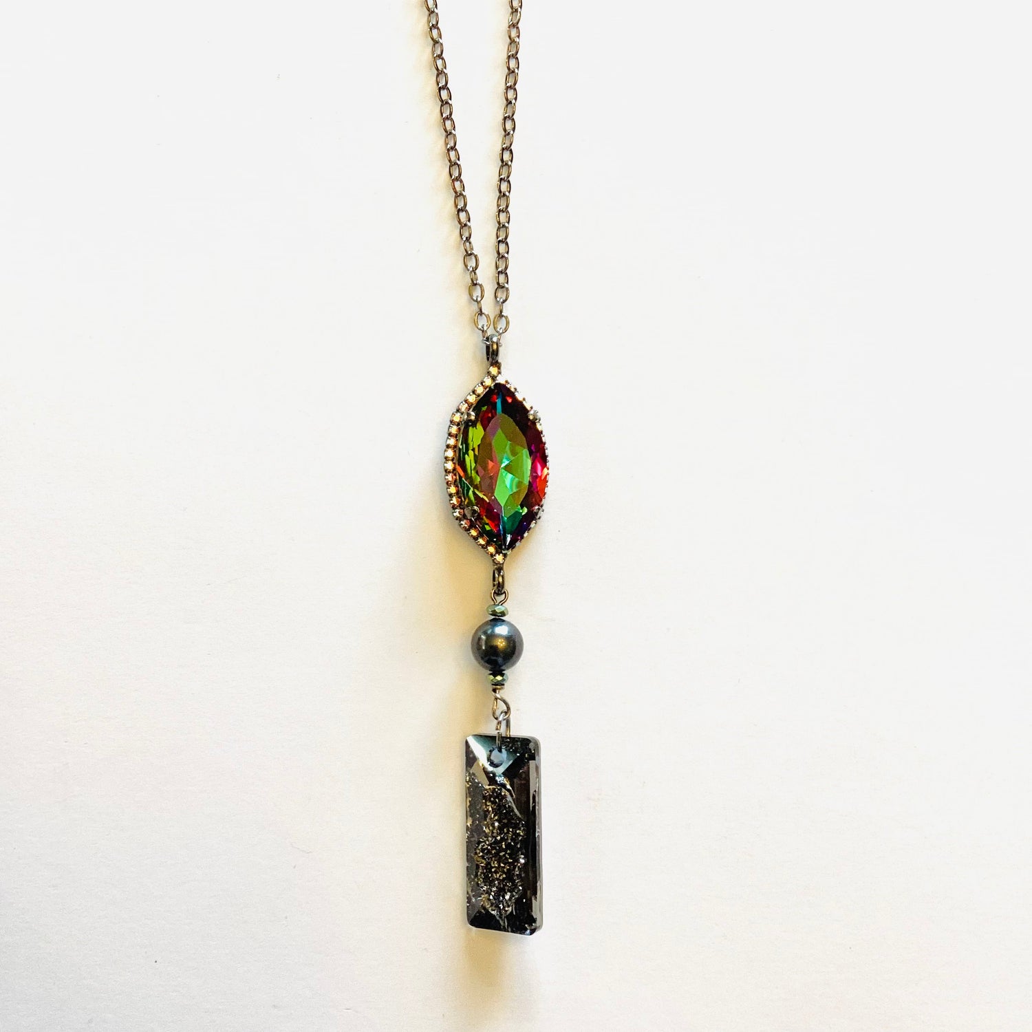 Long Electra Necklace with Limited Edition Geode Silver Night Crystal