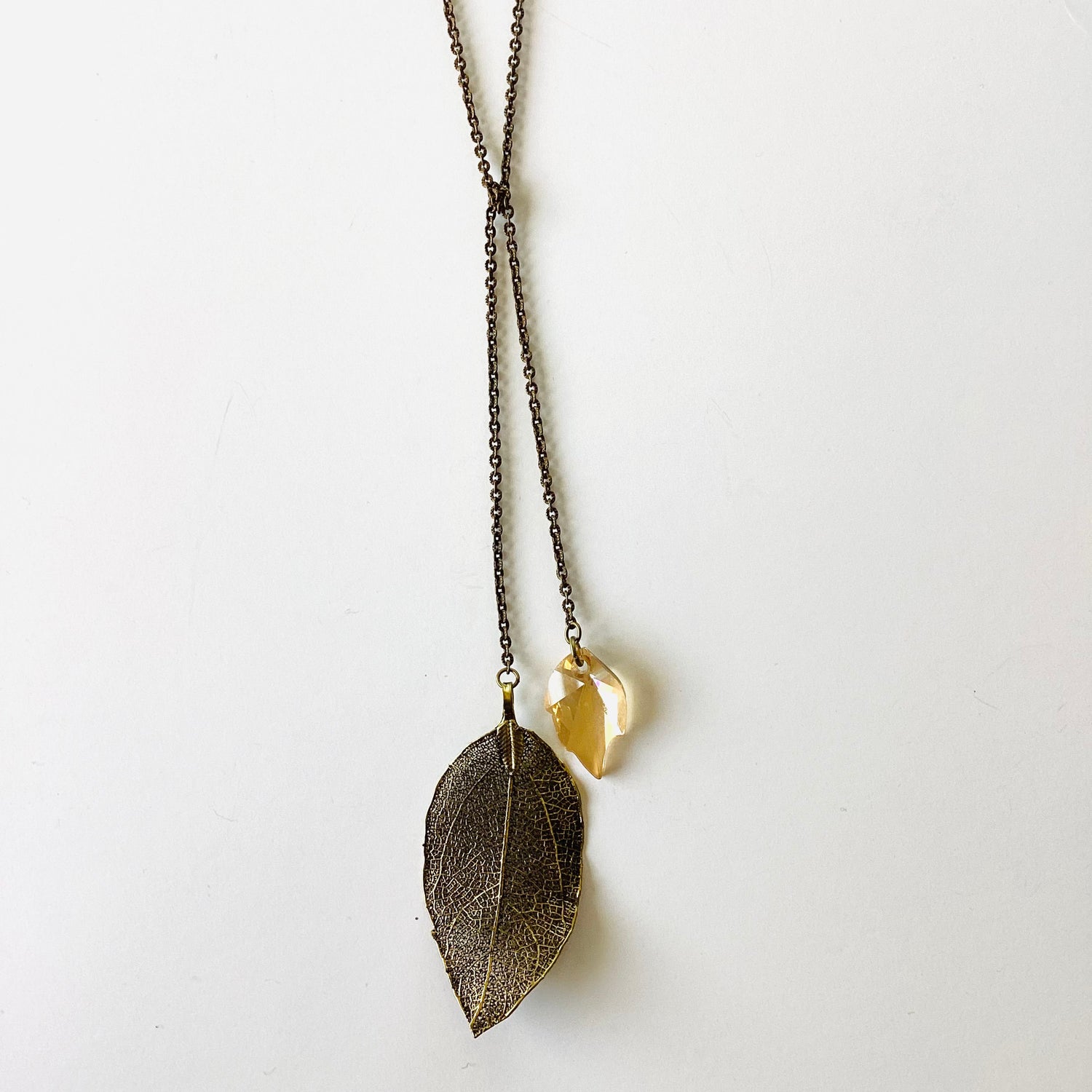 Antique Brass Metal Leaf Necklace in Golden Shadow