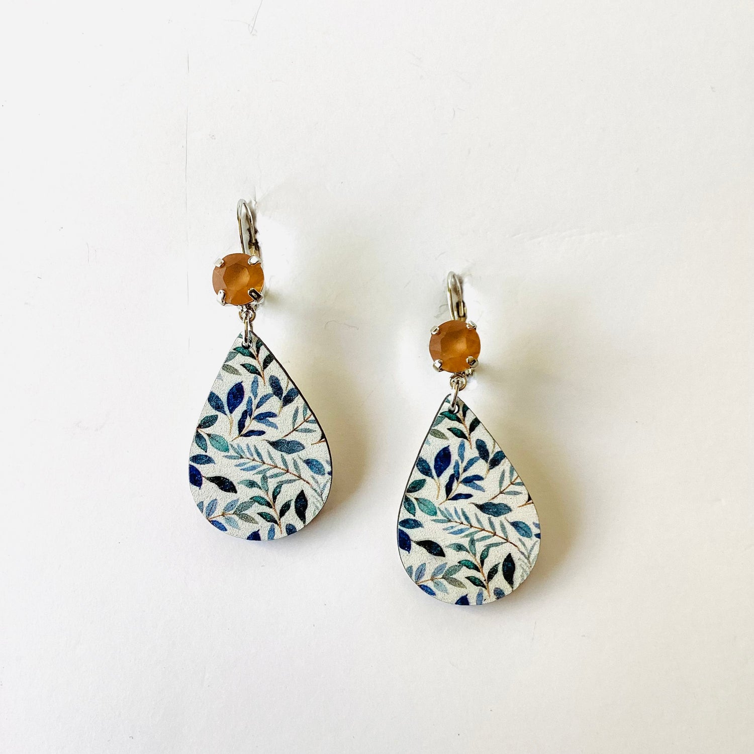 Blue Floral Wood Earrings in Light Colorado Topaz Matte