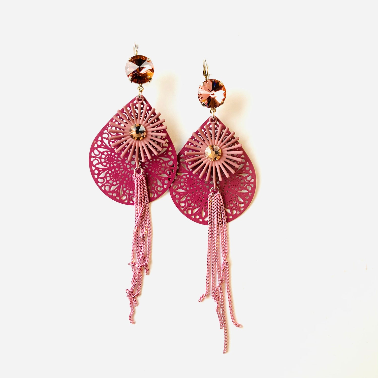 Mauve Shades Teardrop Filigree Sunburst Earring