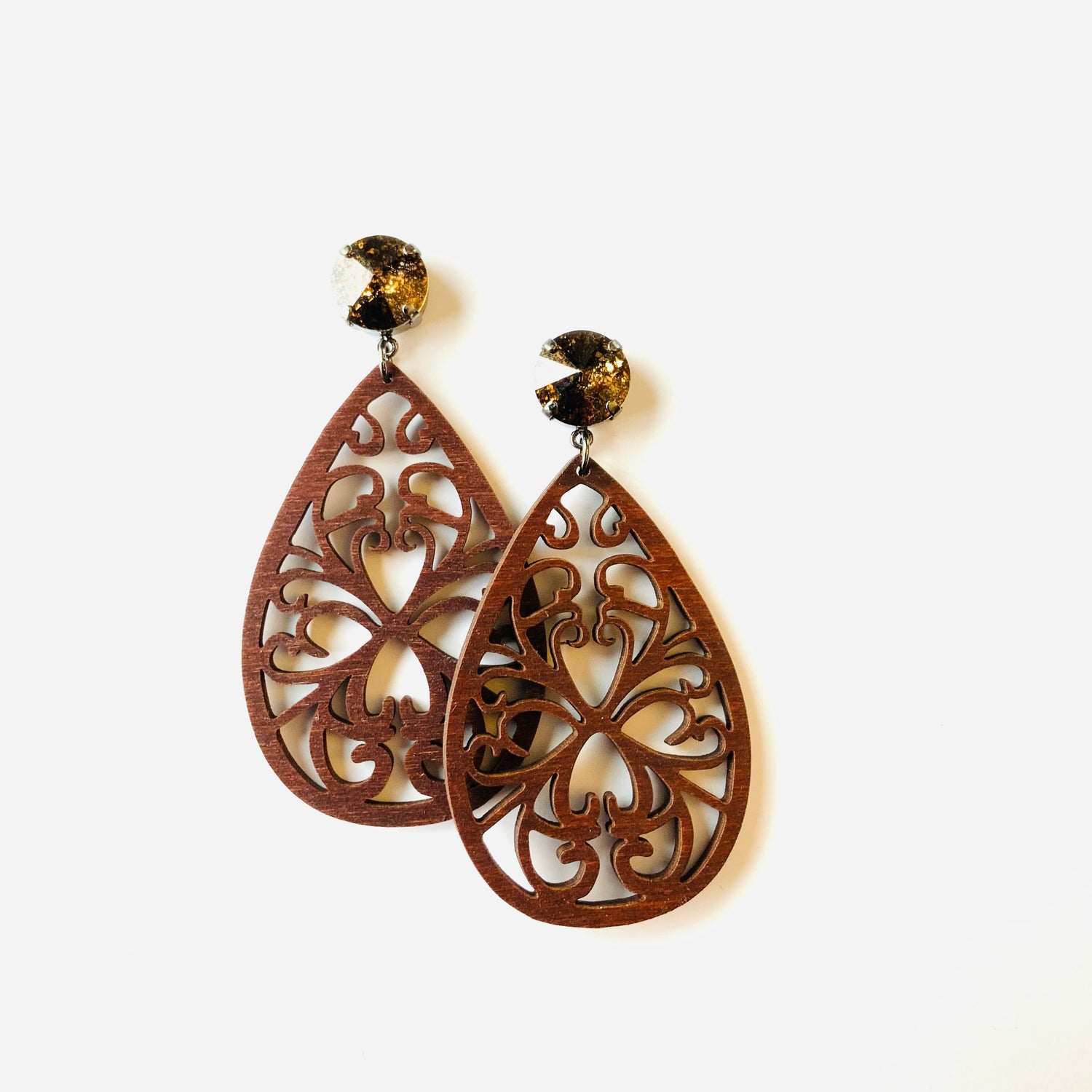 Brown Ornate Wood Earrings in Light Colorado Topaz Black Patina