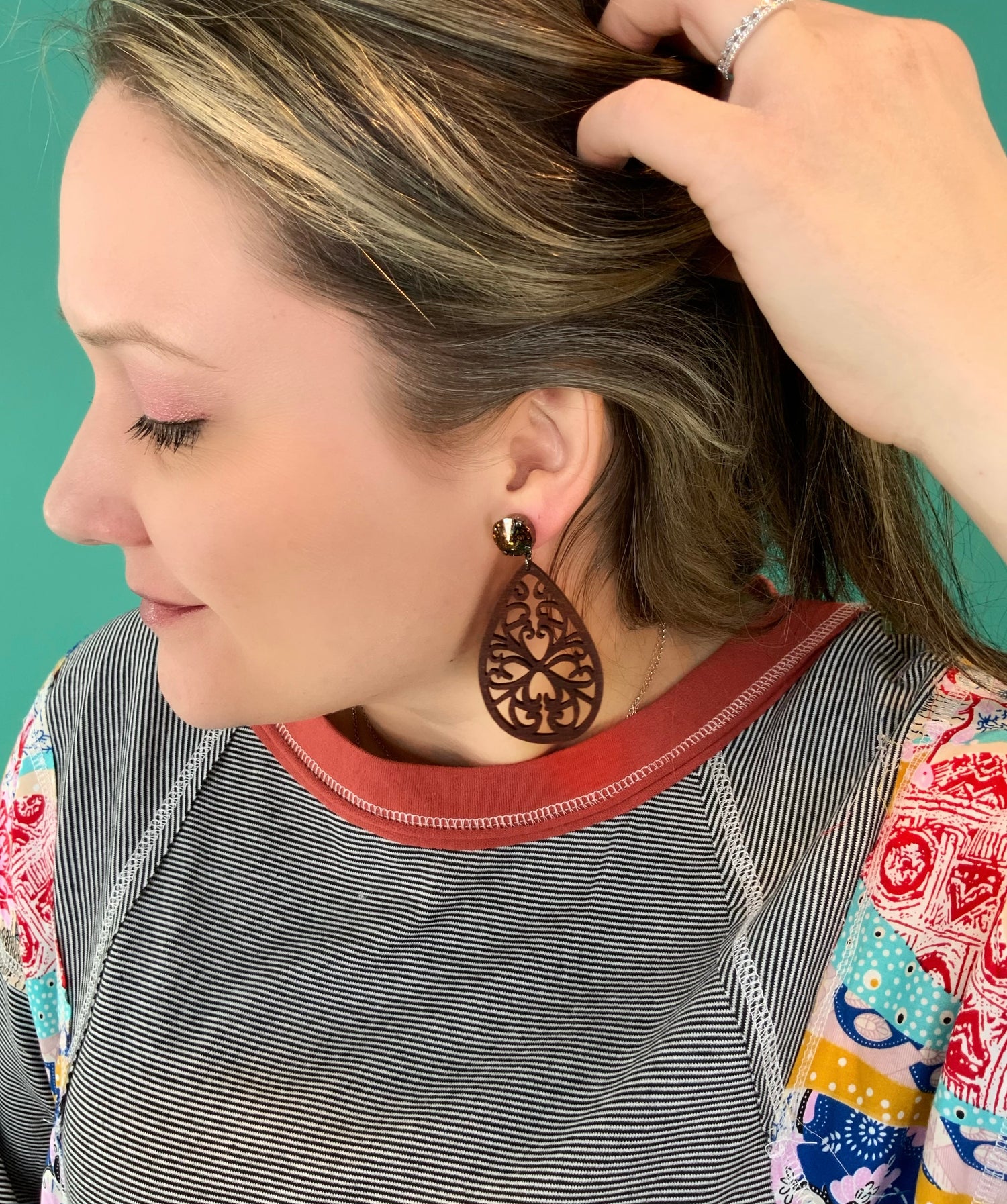 Brown Ornate Wood Earrings in Light Colorado Topaz Black Patina