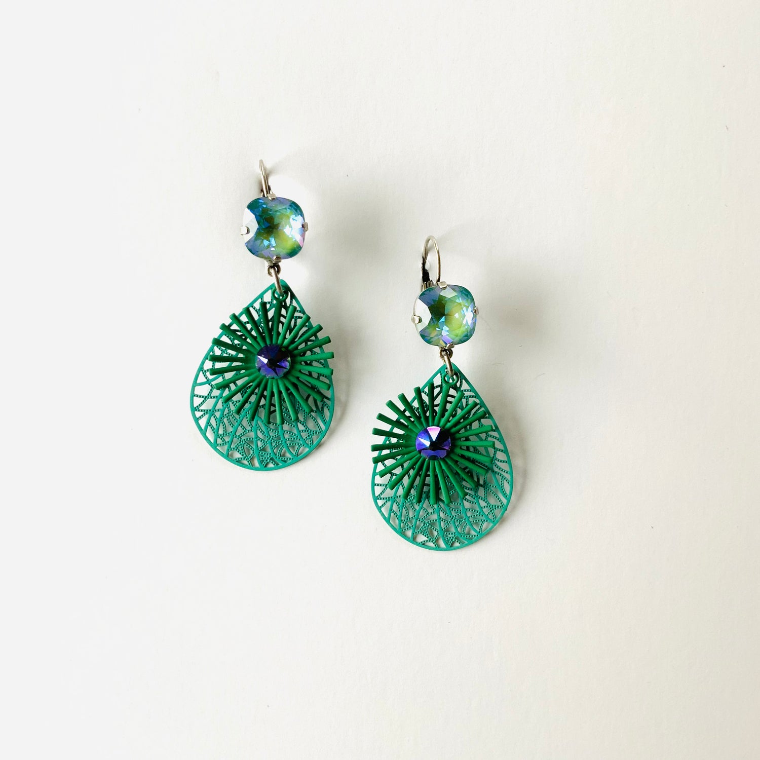 Green Filigree Teardrop Sunburst Earrings