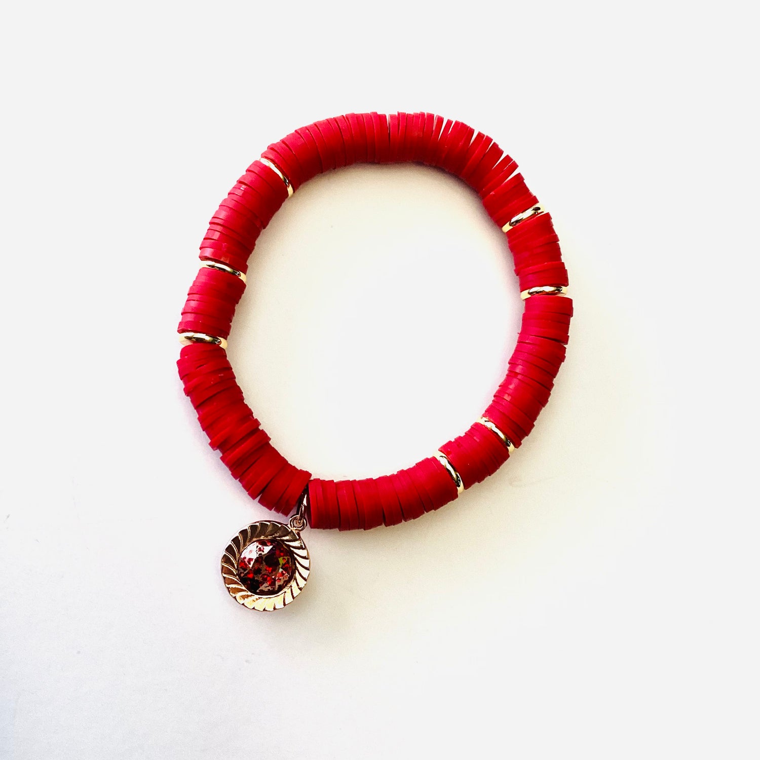 Dark Red Heishi Stretch Bracelet with Charm
