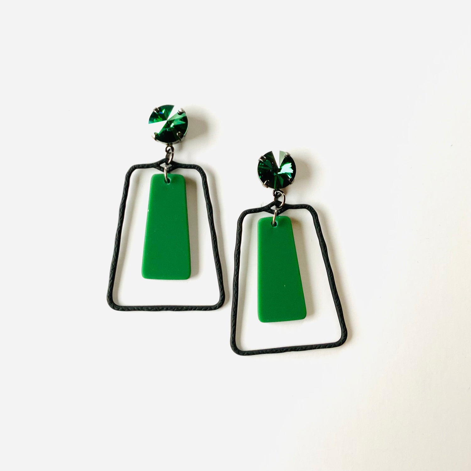 Black + Green Rectangle Drop Earrings - KaraMarie