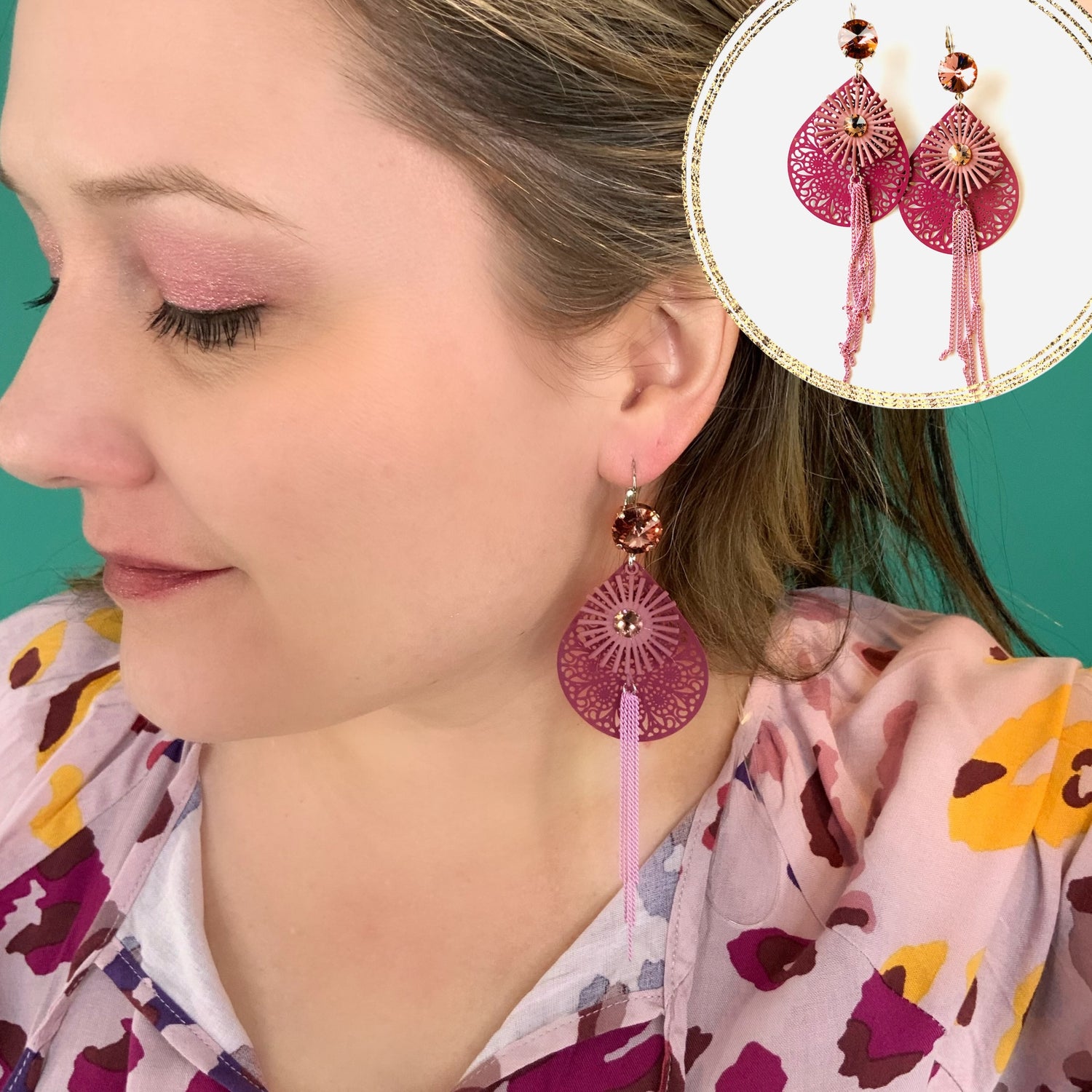 Mauve Shades Teardrop Filigree Sunburst Earring