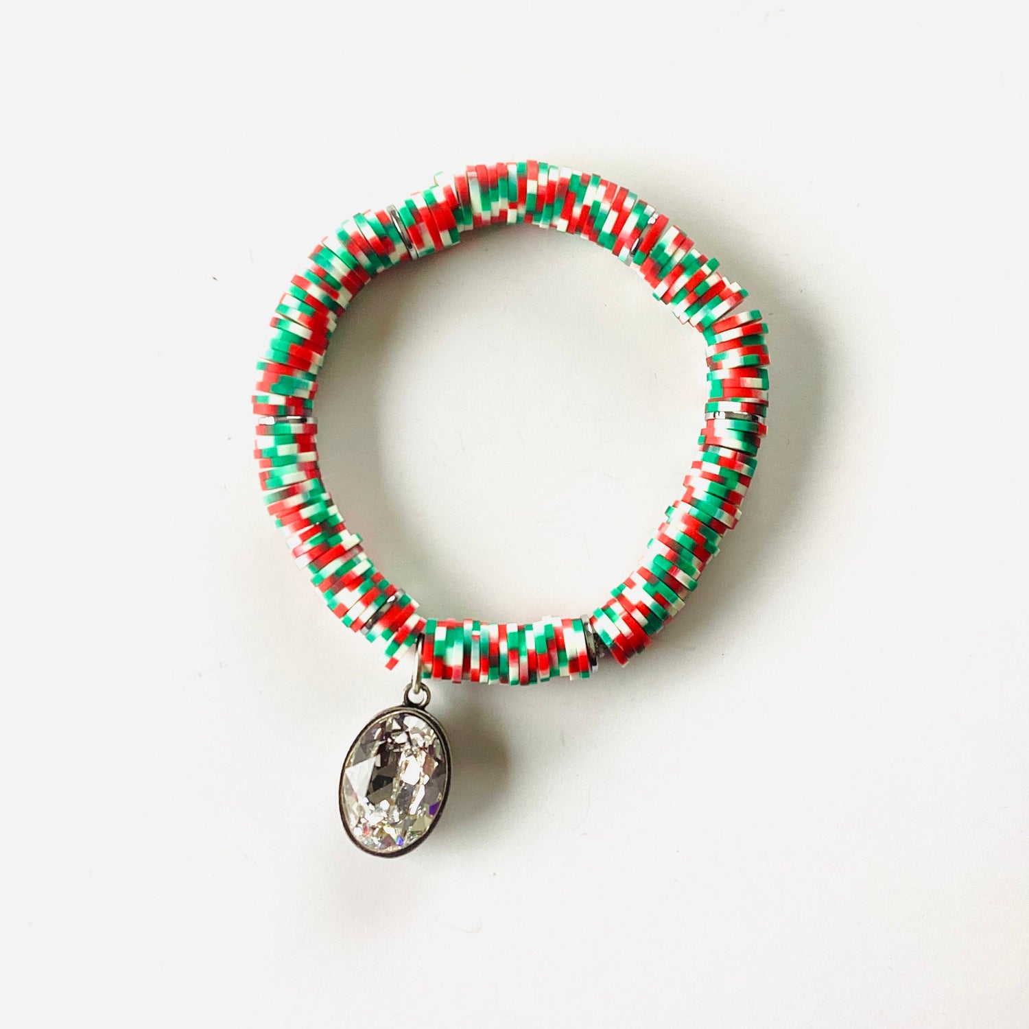 Holiday Heishi Stretch Bracelet with Crystal Charm