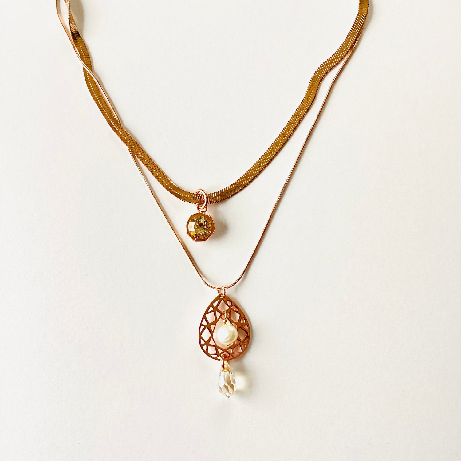 Pear Filigree Double Strand Necklace in Rose Gold/Champagne