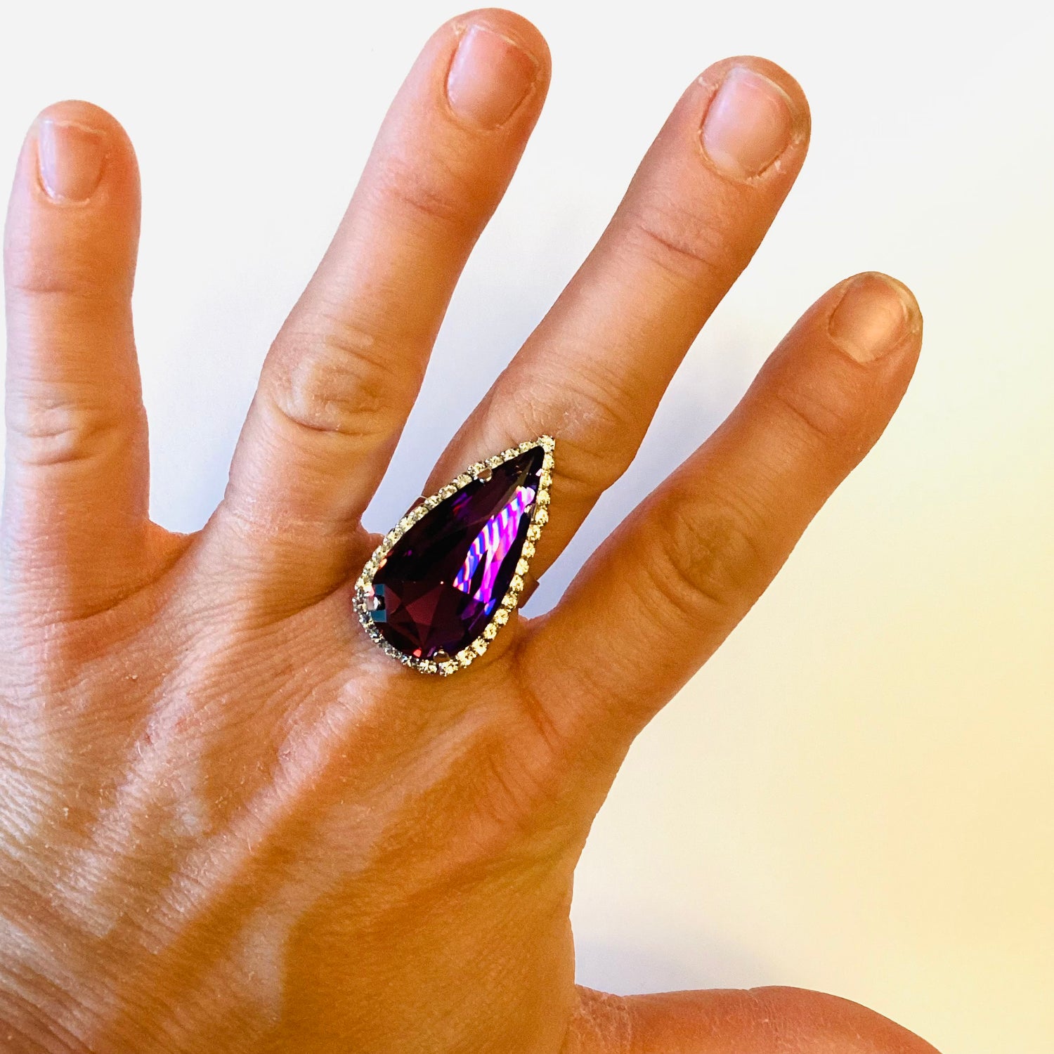 Long Daisy Teardrop Ring in Amethyst
