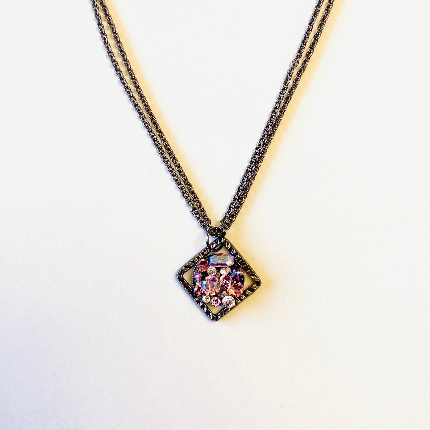 Square Floating Treasure Chest Necklace in Purple Hues (Black Metal)