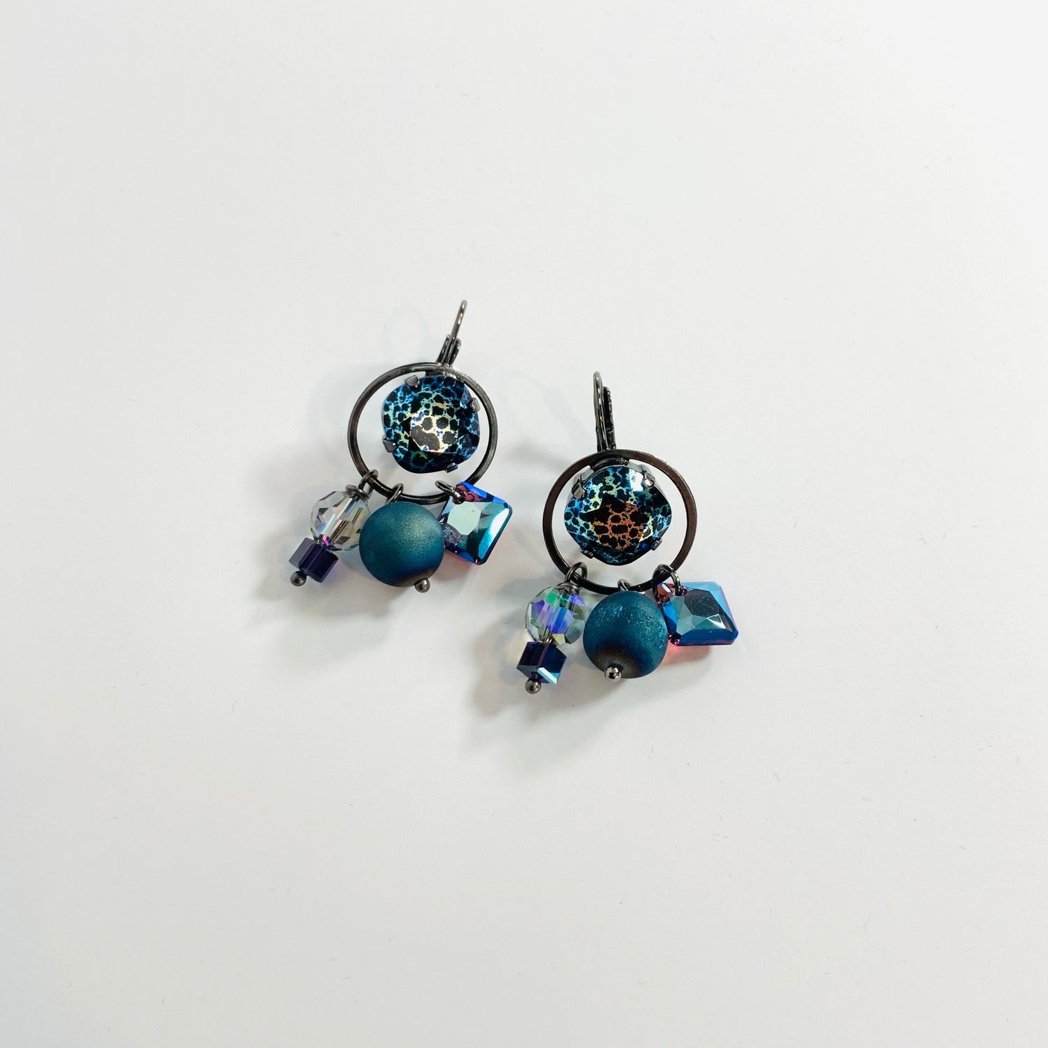 Square Cushion Charm Earrings in Jet Patina AB