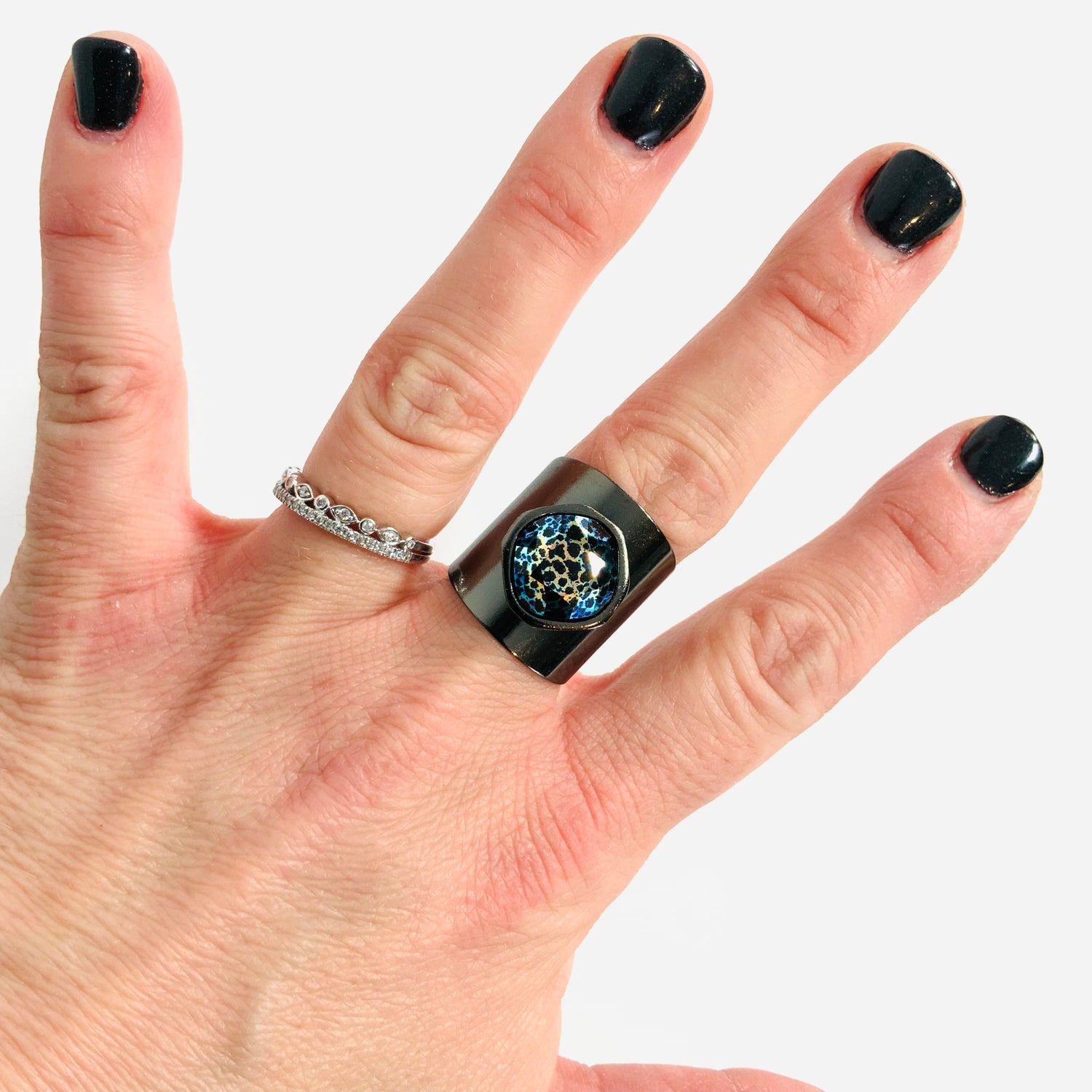 12mm Square Cushion Ring in Jet Patina AB