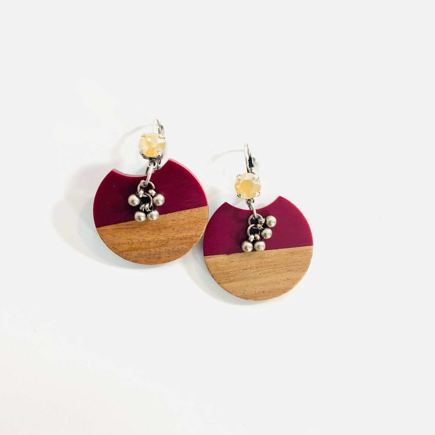 Burgundy Wood Earrings featuring White Opal Golden Shadow - KaraMarie