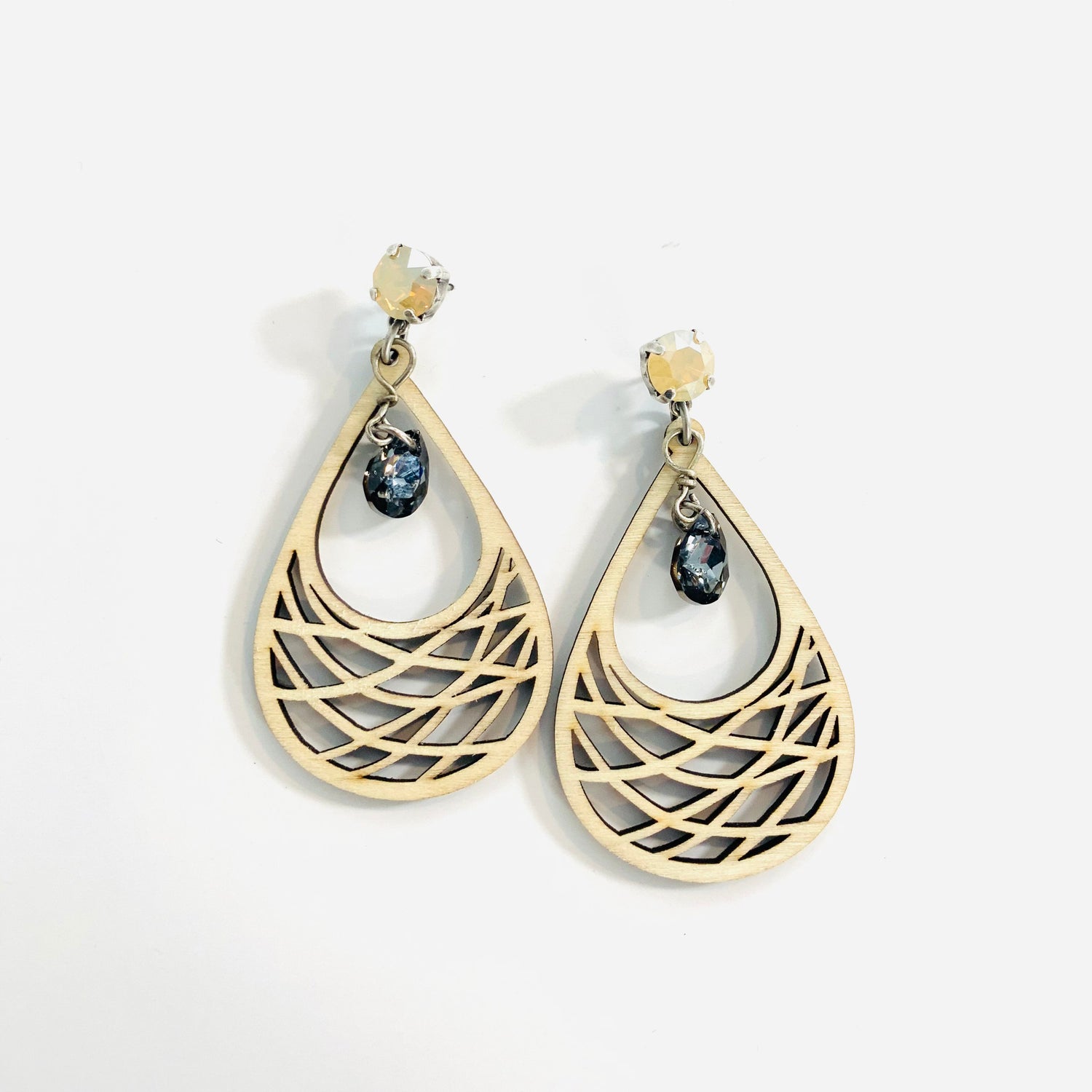 Natural Wood Earrings featuring White Opal Golden Shadow - KaraMarie