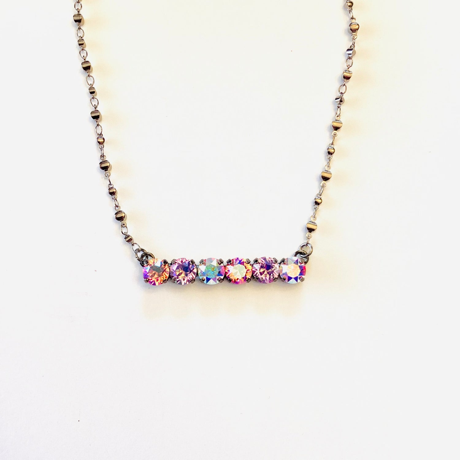 8mm Six Stone Bar Necklace in Pink x Purple Hues {Black Metal}