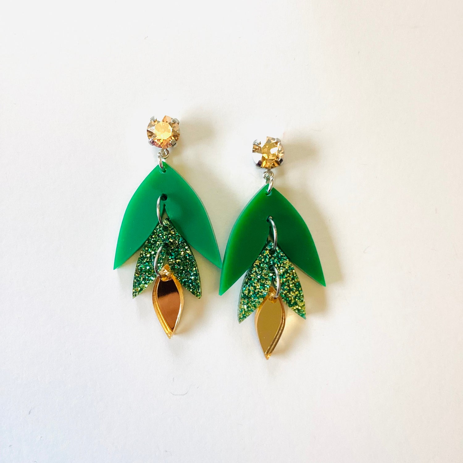 Golden Emerald Leaf Earrings