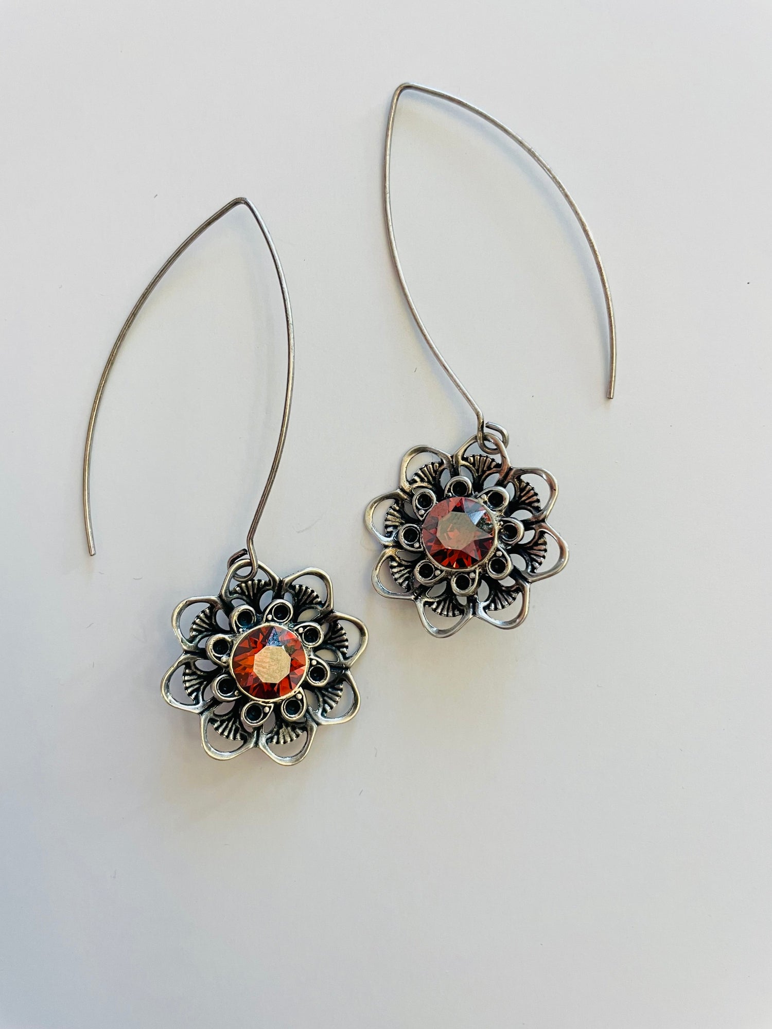 Filigree Flower Drop Earrings featuring Padparadscha Luster - KaraMarie