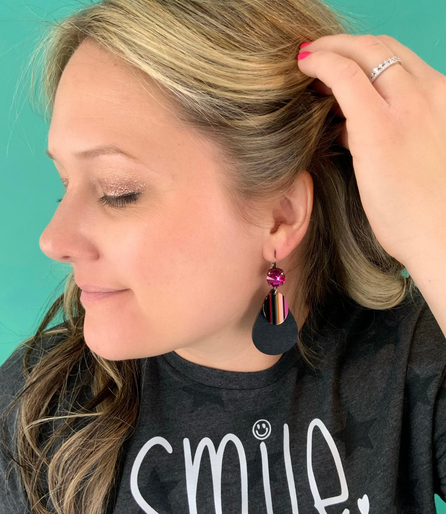 Pink Stripe Wood Earrings