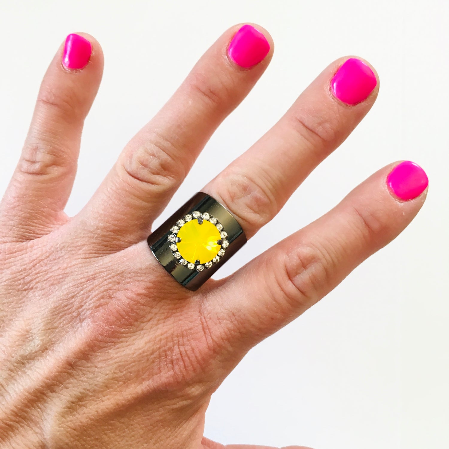 Round Rhinestone Ring featuring Yellow Opal