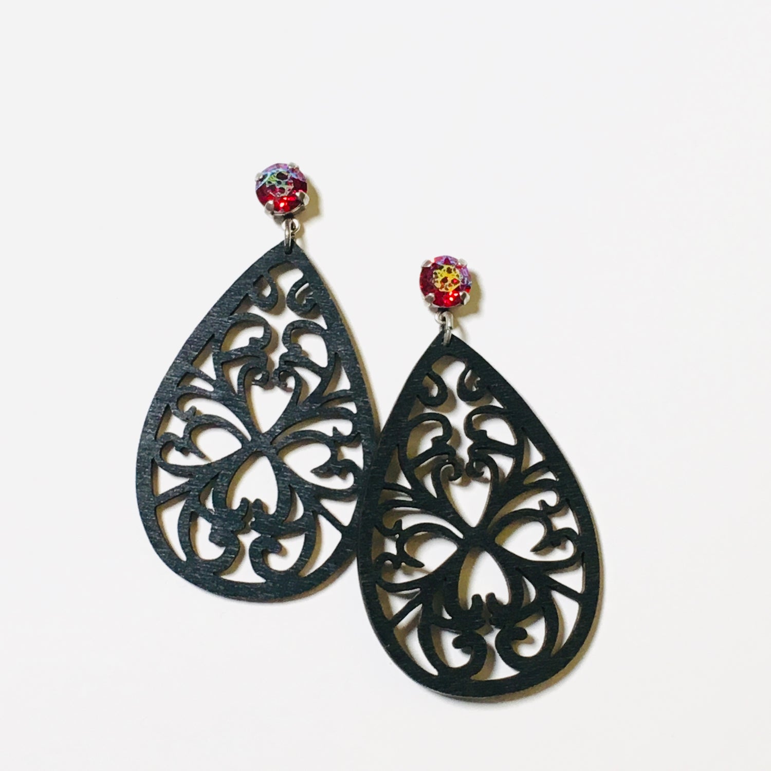 Ornate Wood Earrings featuring Scarlet AB Patina