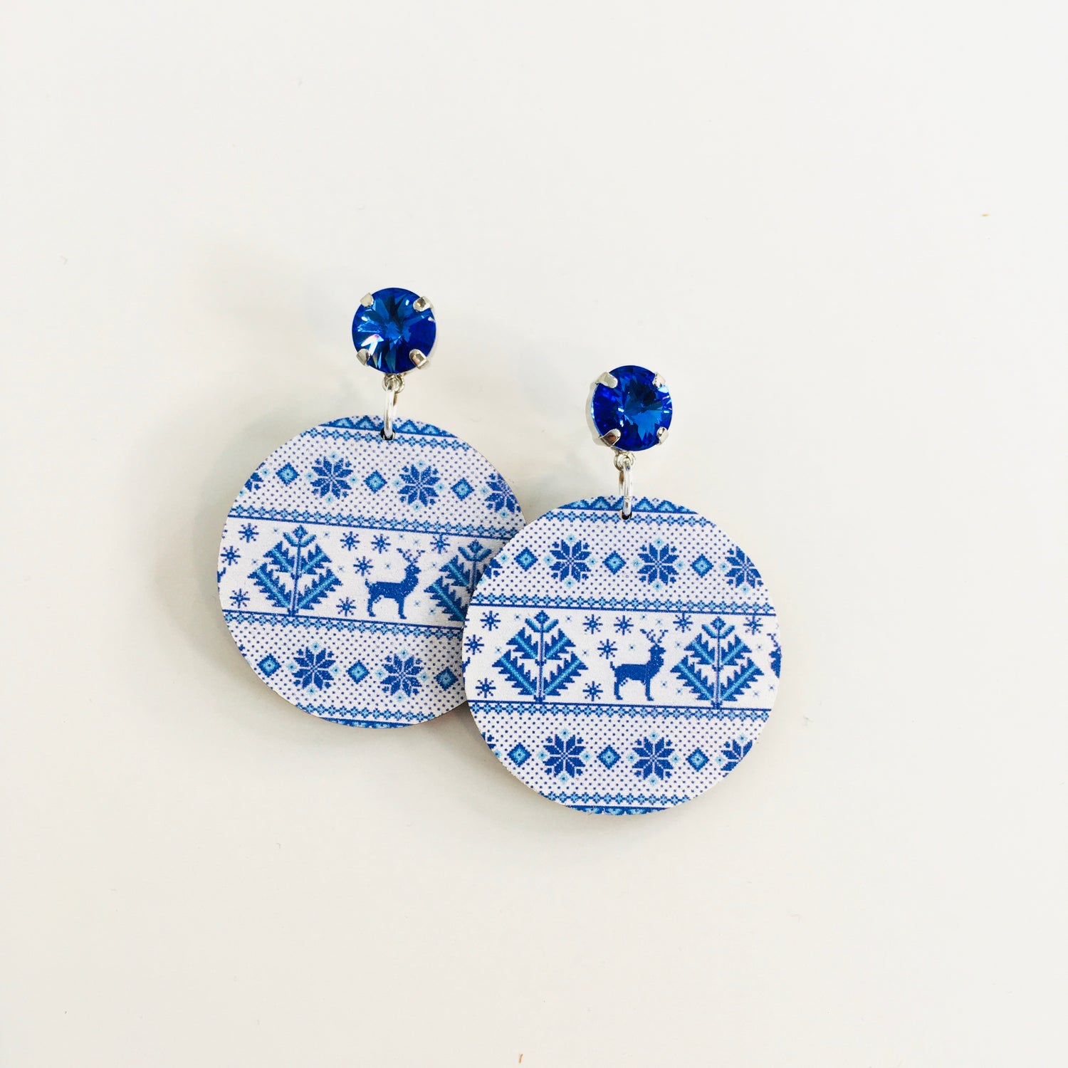 Fair Isle Blue Wood Earrings