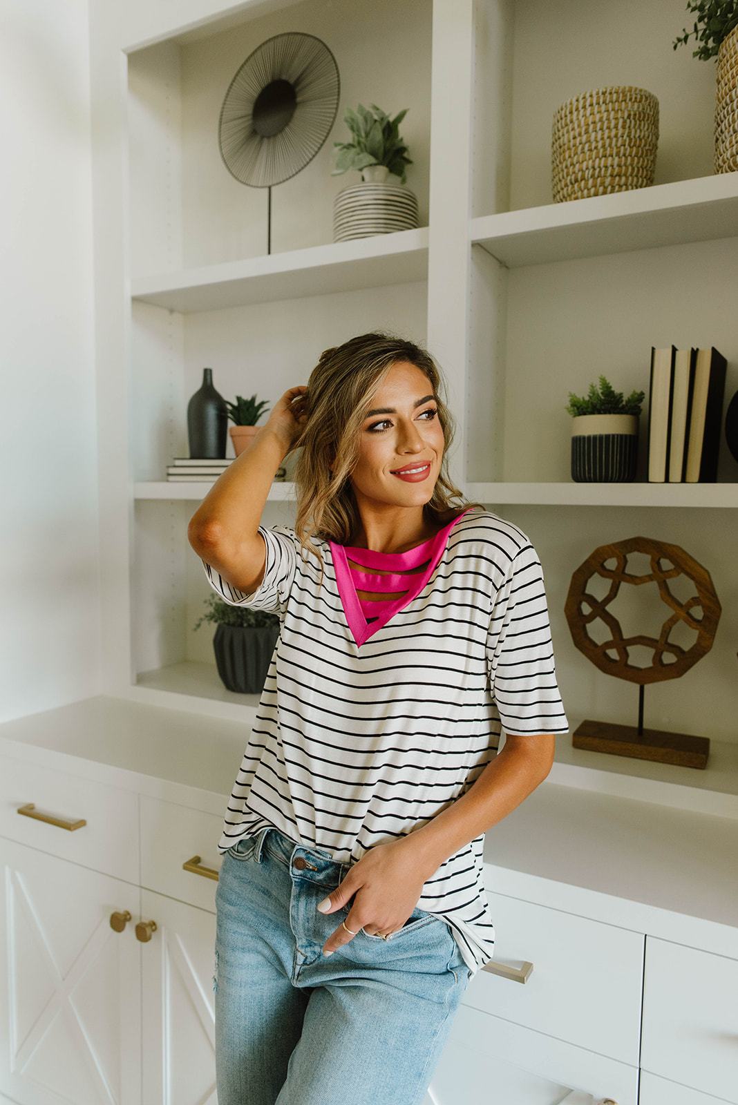 Pink Neon Striped V Top - KaraMarie Boutique
