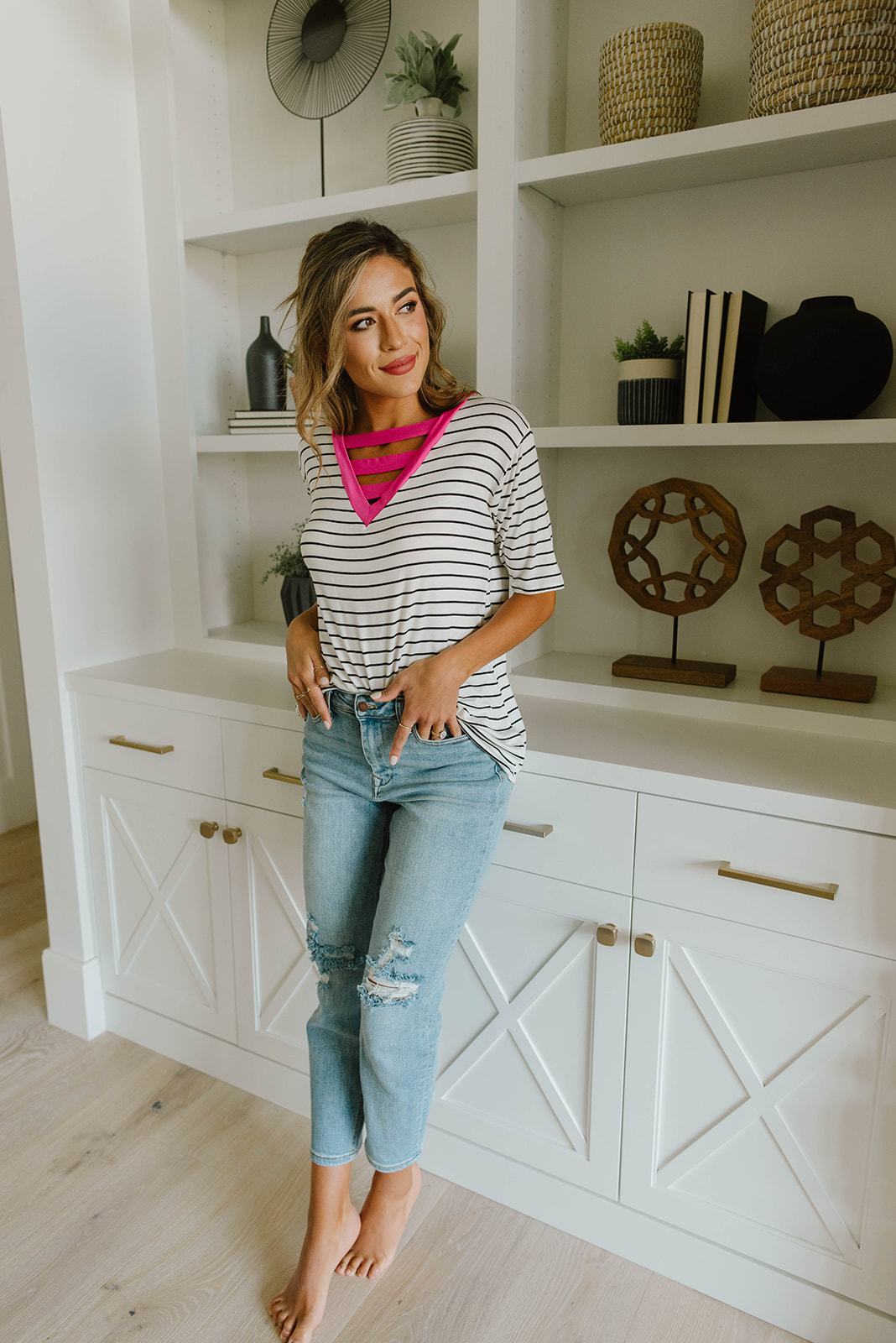 Pink Neon Striped V Top - KaraMarie Boutique