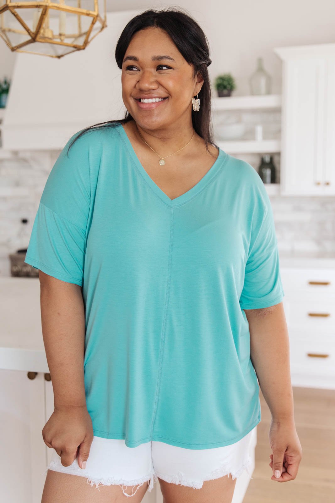 SAMPLE Top Stitch V-Neck In Aqua