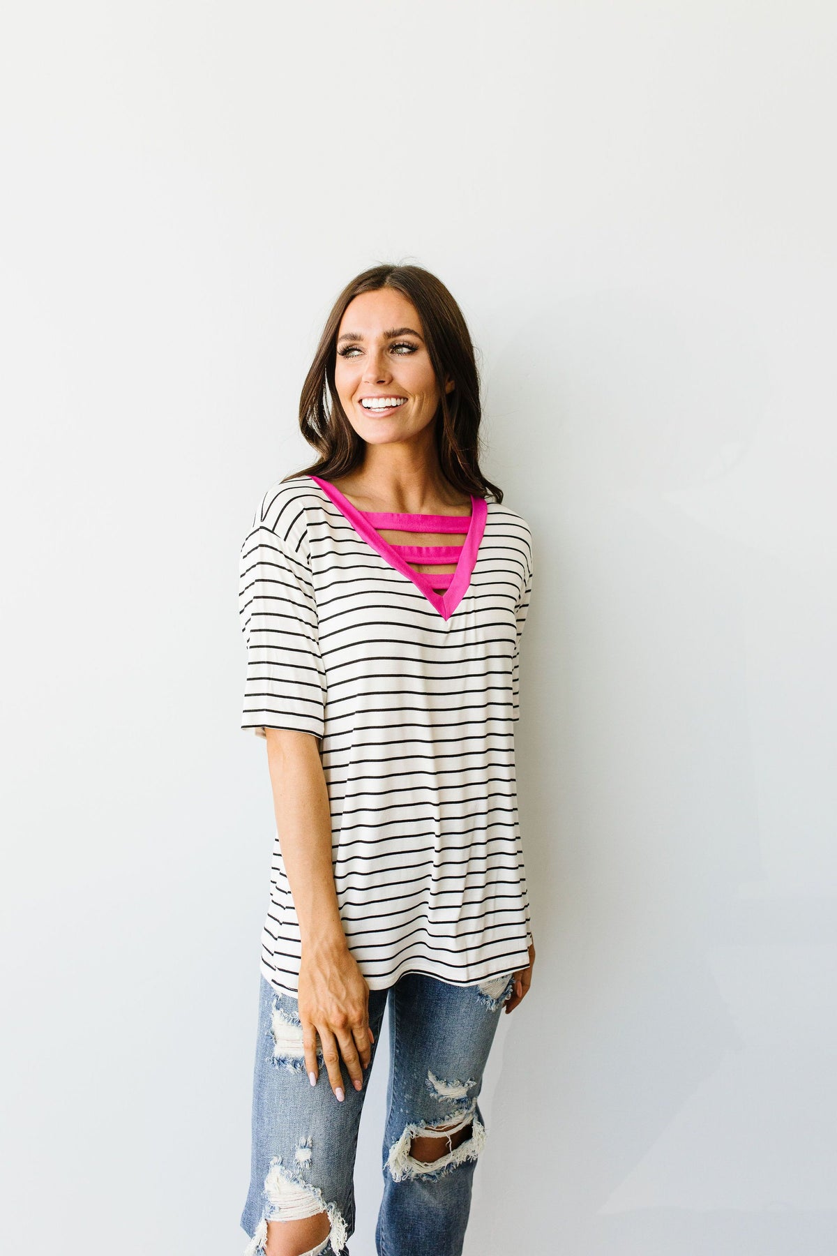 Pink Neon Striped V Top - KaraMarie Boutique